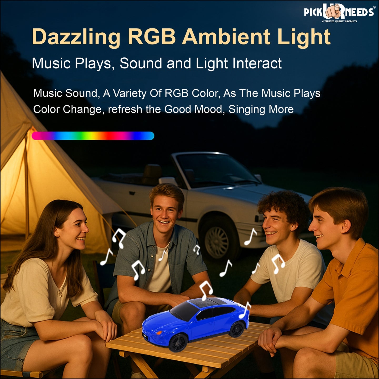 Pick Ur Needs Rechargeable Car-Shaped Speaker – RGB LED Light, USB/FM/SD Card, Type-C, 1200mAh